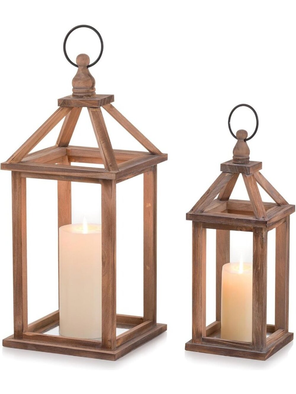 Rustic Wood Candle Lanterns Set of 2 - Decorative Brown Home Decor Accent